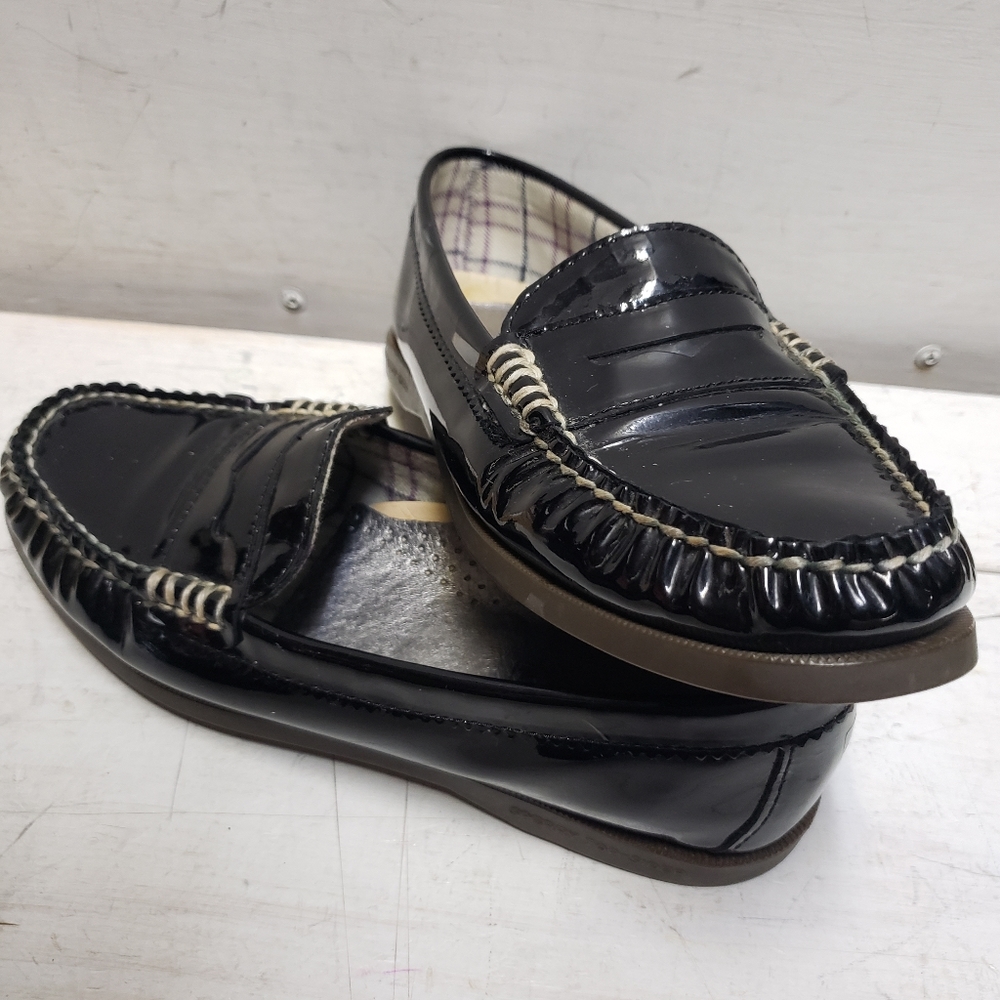 Sperry Black Patent Leather Moccasin Loafers with Tan Trim